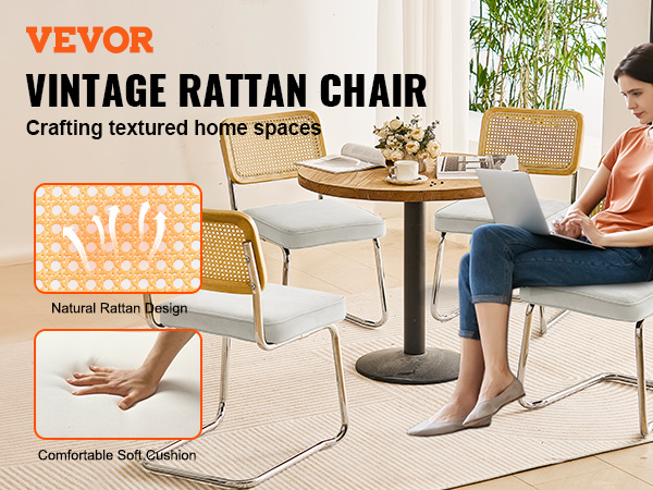 VEVOR rattan dining chairs with natural rattan design and comfortable soft cushion, ideal for home spaces.