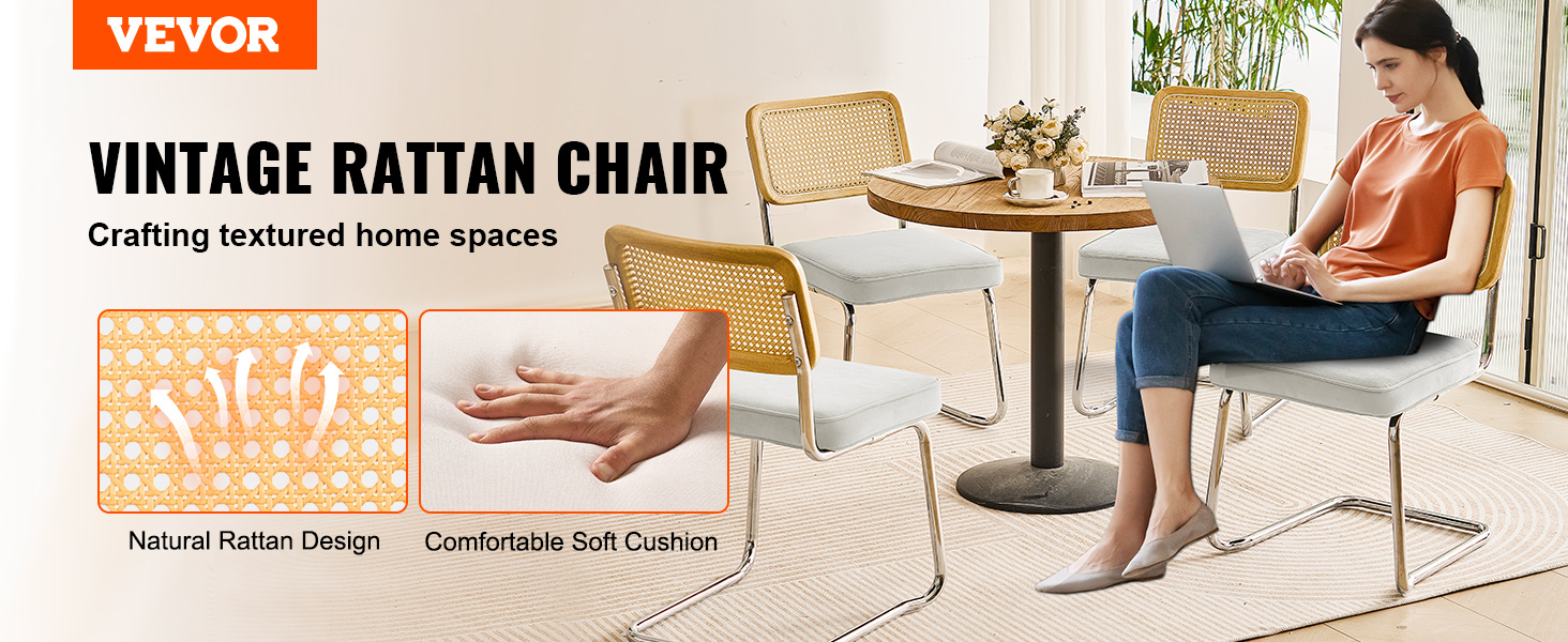 VEVOR rattan dining chairs with natural rattan design and comfortable soft cushion, ideal for home spaces.