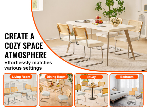 VEVOR rattan dining chairs in living room, dining room, study, and bedroom settings.