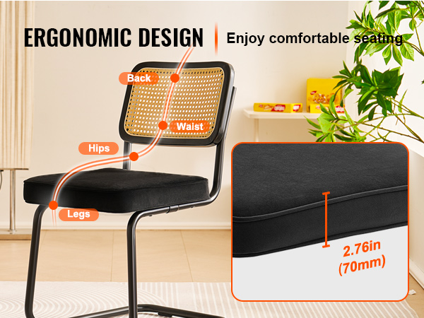 VEVOR rattan dining chairs with ergonomic design, cushioned seat, and labeled body support areas.