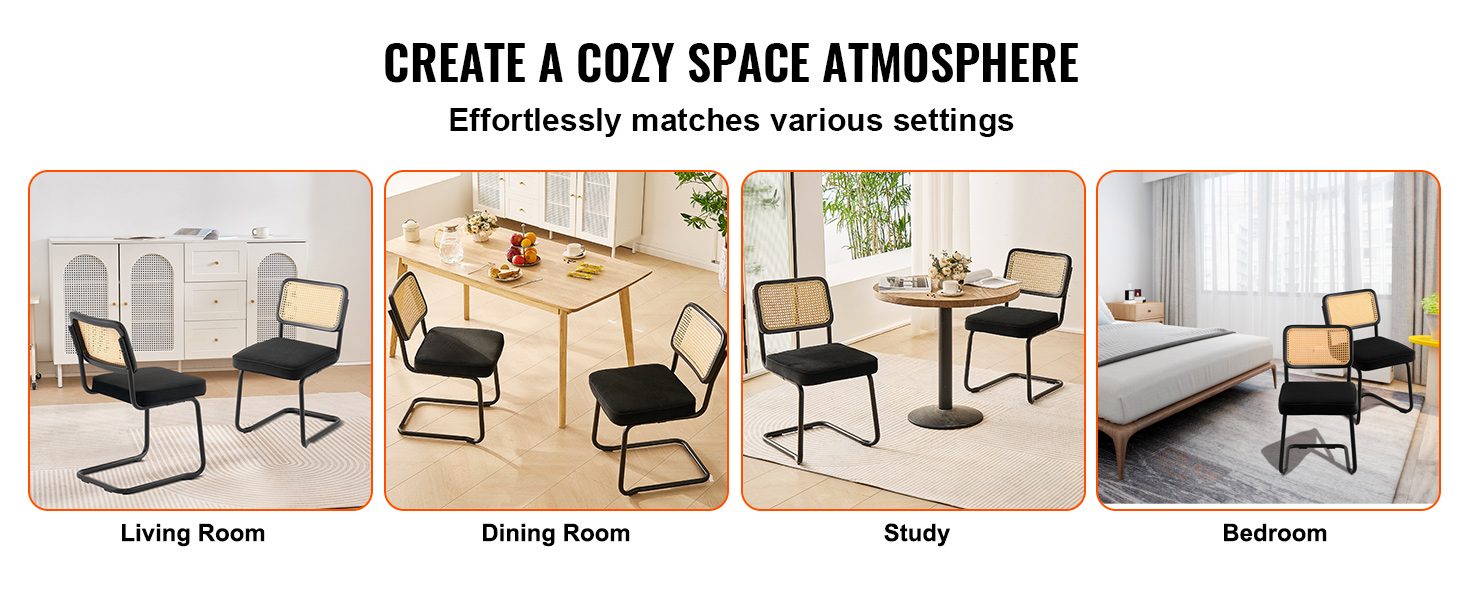 VEVOR rattan dining chairs in living room, dining room, study, and bedroom settings. cozy space.