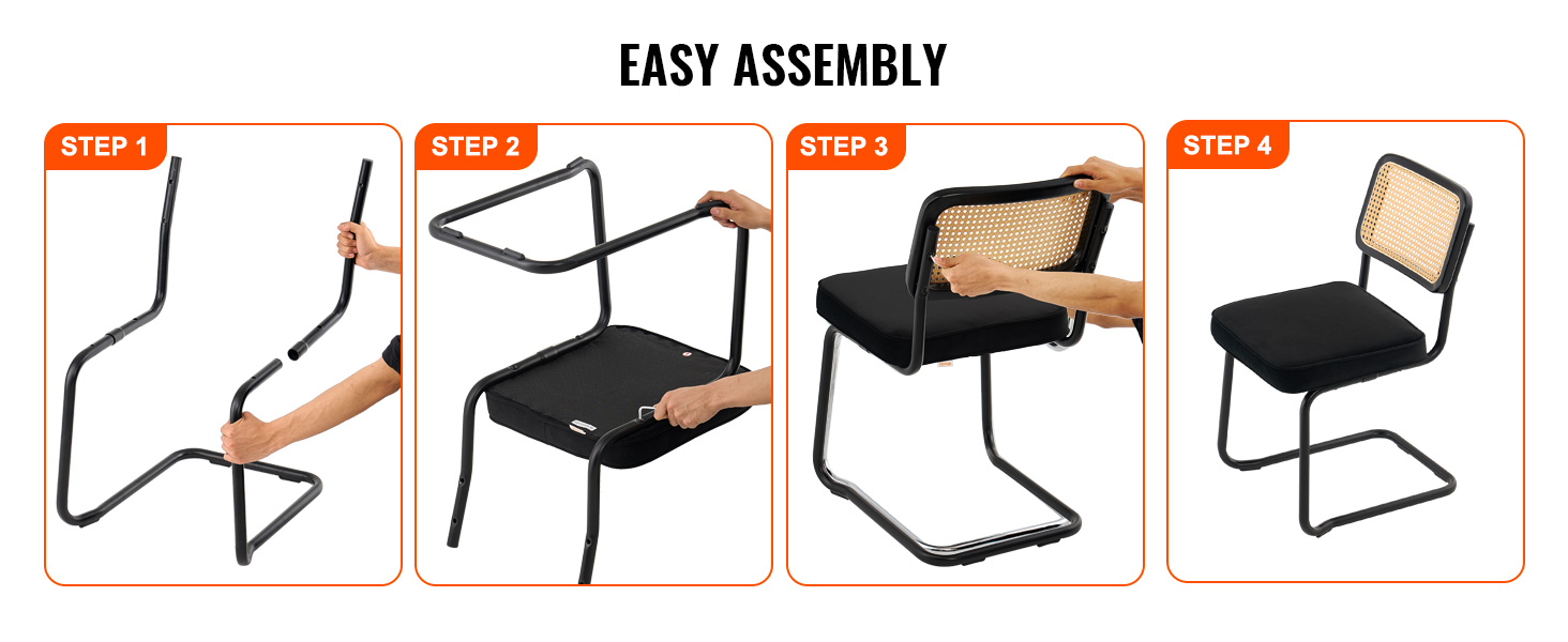 VEVOR easy assembly guide for a black chair with a mesh back and cushioned seat.