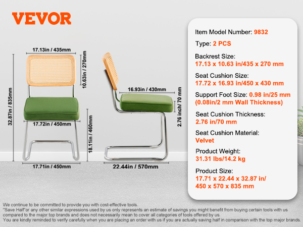 VEVOR rattan dining chairs: measurements and details on stylish green cushioned chairs with velvet seat.