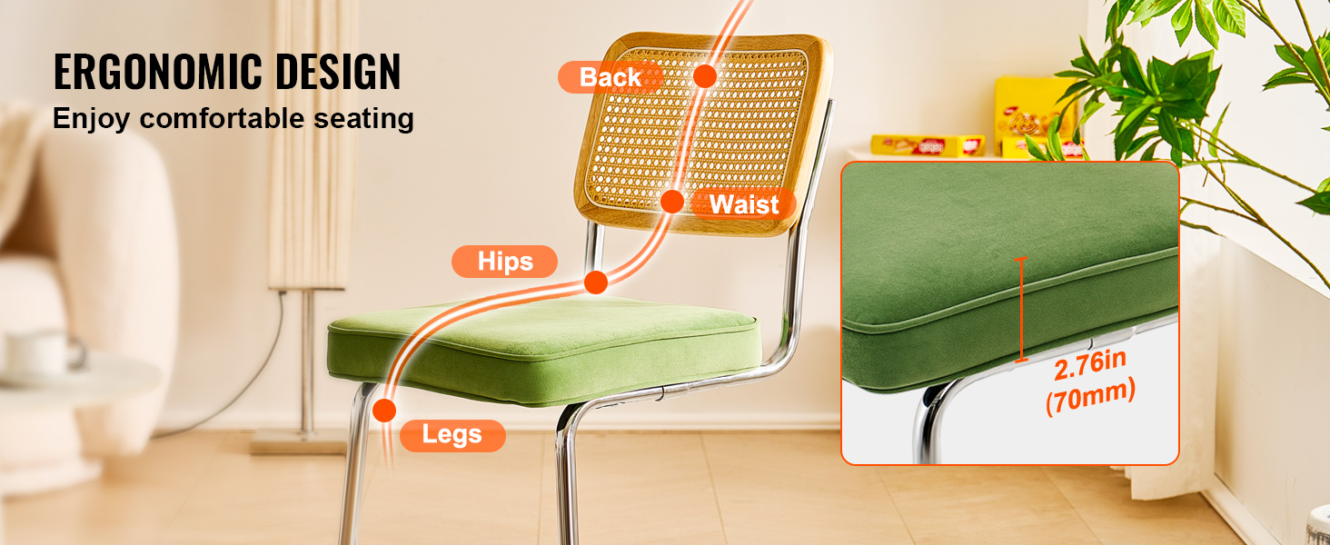 VEVOR rattan dining chairs with ergonomic design and cushioned green seat for comfortable seating.