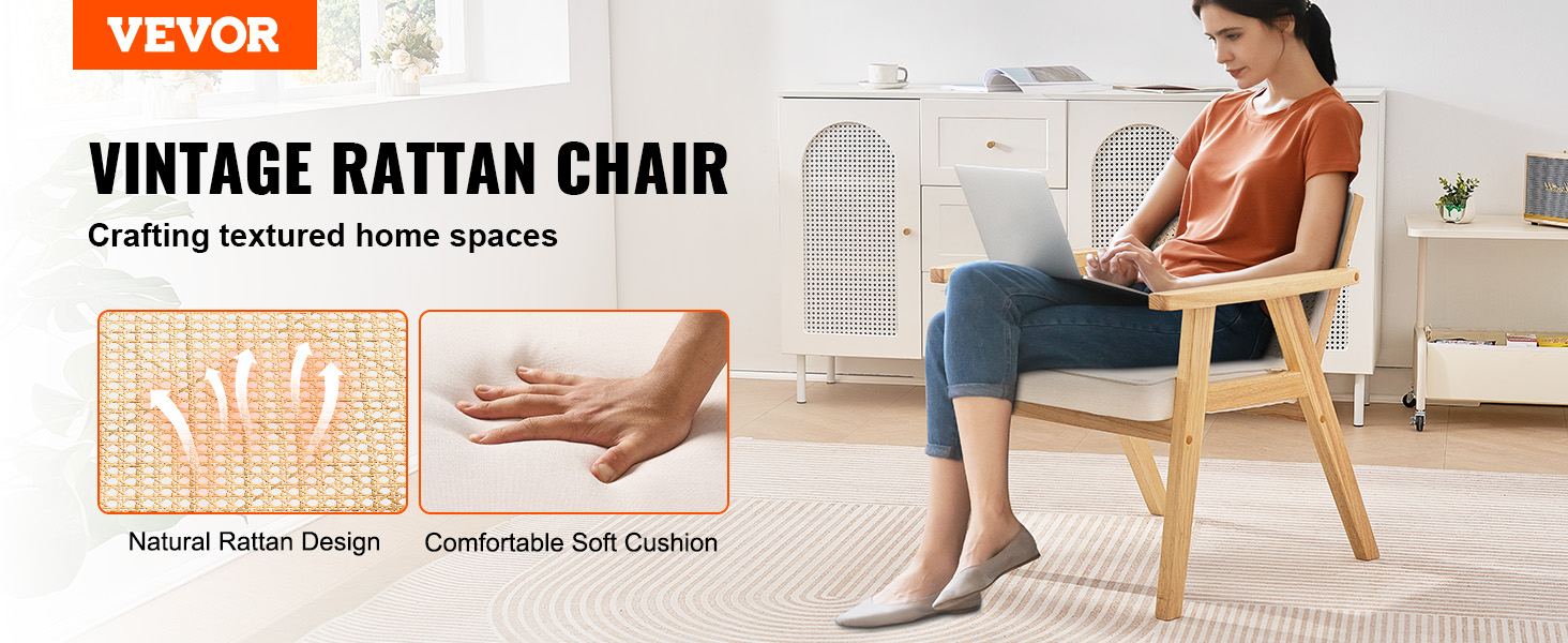 VEVOR mid century modern rattan chair with natural rattan design and comfortable soft cushion.