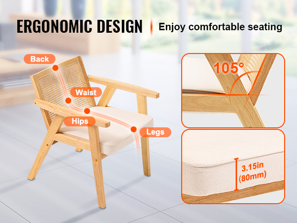 VEVOR mid century modern rattan chair with ergonomic design, 105° recline, and 3.15-inch cushion.