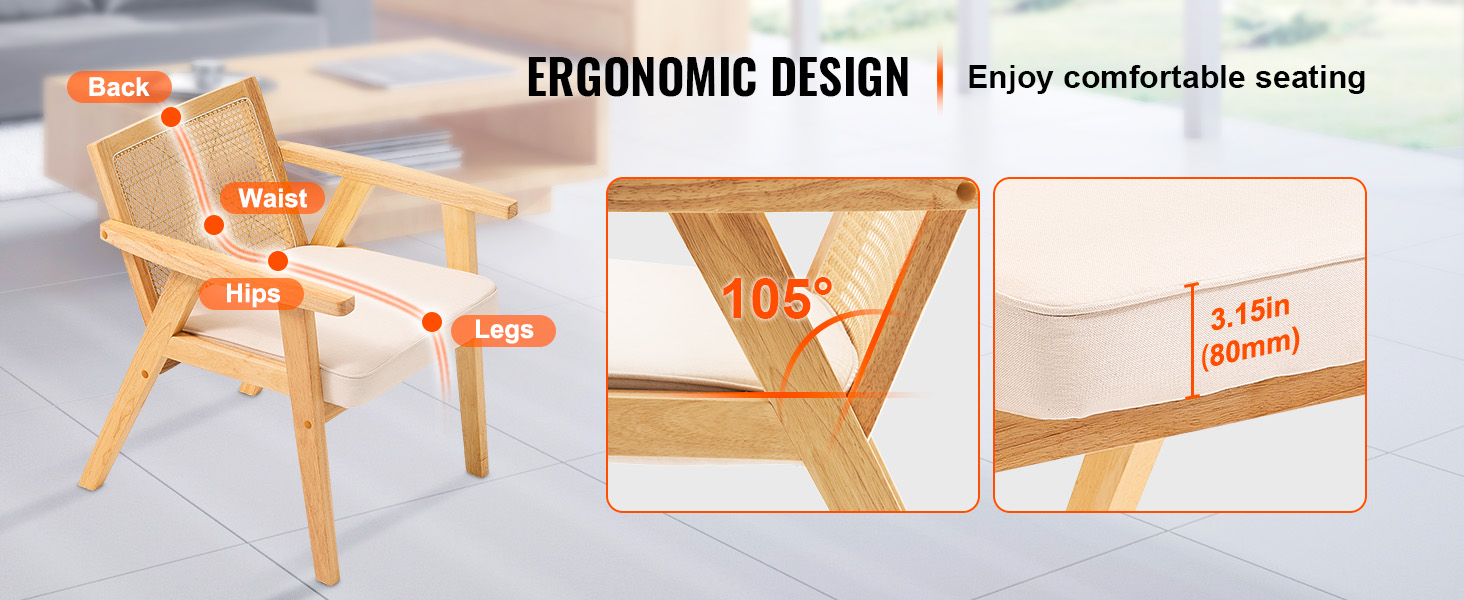 VEVOR mid century modern rattan chair with ergonomic design, 105° recline, and 3.15-inch cushion.