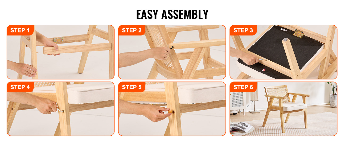 easy assembly of the VEVOR mid century modern rattan chair in six illustrated steps.