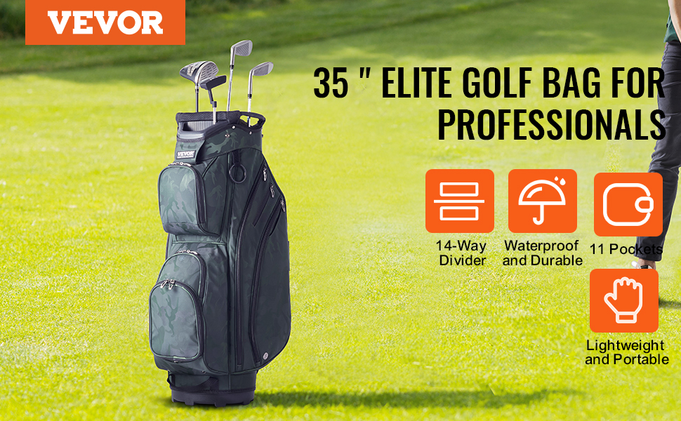 VEVOR golf cart bag for professionals with 14-way divider, waterproof, 11 pockets, lightweight, portable.