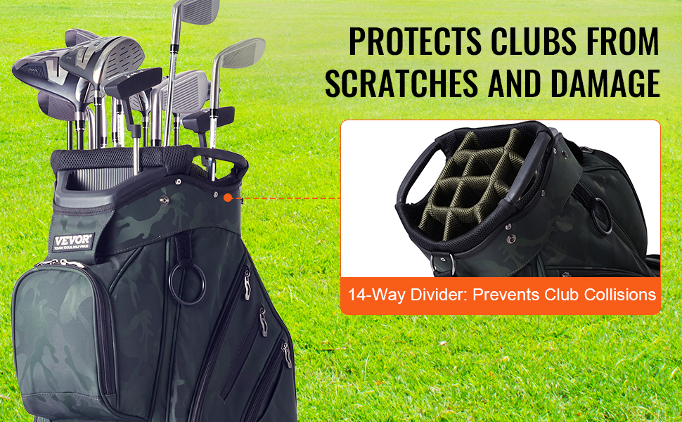 VEVOR golf cart bag with 14-way divider; protects clubs from scratches and damage on green grass.