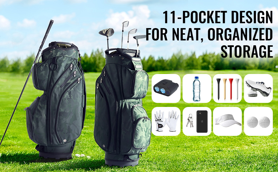 VEVOR golf cart bag with 11-pocket design for organized storage of golf accessories on a lush green field.