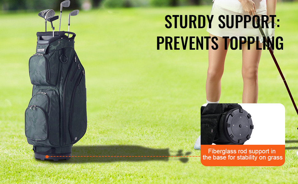 VEVOR golf cart bag on grass with fiberglass rod support and golfer holding club, preventing toppling.