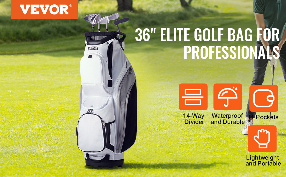 VEVOR golf cart bag on a golf course with a 14-way divider, waterproof pockets, and lightweight design.