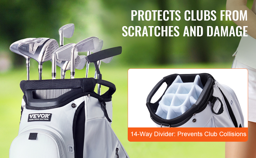 VEVOR golf cart bag with clubs, featuring a 14-way divider to prevent scratches and damage.