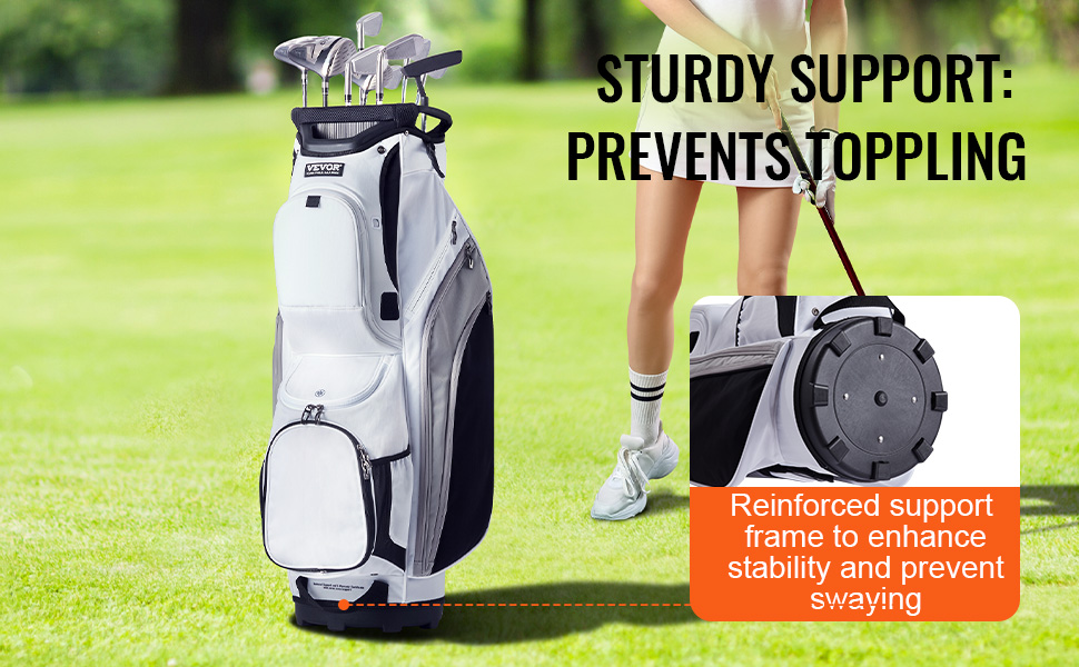 VEVOR golf cart bag on green field with sturdy support to prevent toppling, featuring reinforced frame.