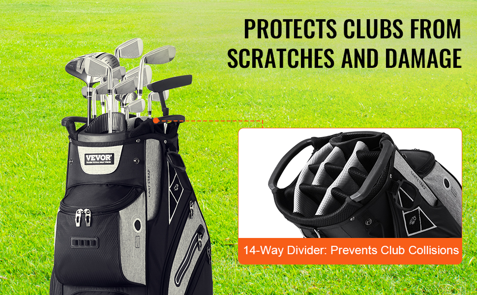 VEVOR golf cart bag with 14-way divider, protecting clubs from scratches and damage on grassy field.