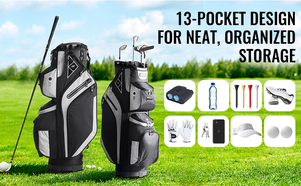 VEVOR golf cart bag showcasing 13-pocket design, clubs, and accessories on a lush golf course.