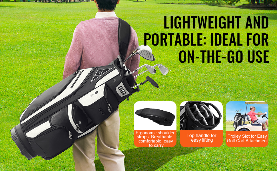 person carrying VEVOR golf cart bag with ergonomic shoulder straps, top handle, and trolley slot.