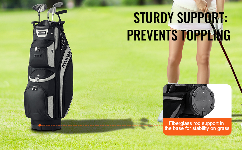 VEVOR golf cart bag with clubs on green grass, showcasing sturdy support to prevent toppling.