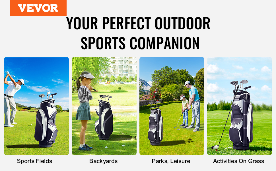 VEVOR golf cart bag in various outdoor settings: sports fields, backyards, parks, and grass activities.