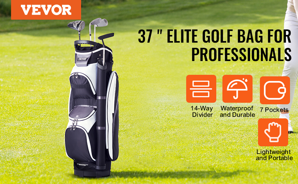 VEVOR golf cart bag for professionals - 14-way divider, waterproof, 7 pockets, lightweight and portable.