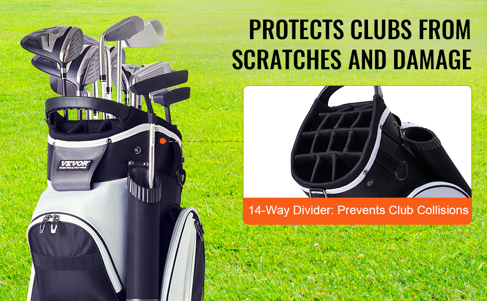 VEVOR golf cart bag with 14-way divider, preventing club collisions, set on a grassy field.