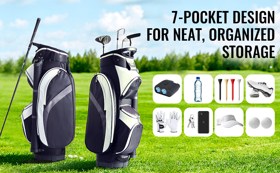 VEVOR golf cart bag with 7-pocket design for organized storage, featuring golf clubs and accessories.