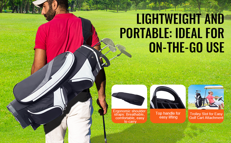 man carrying a VEVOR golf cart bag on a golf course, highlighting ergonomic straps and portability.