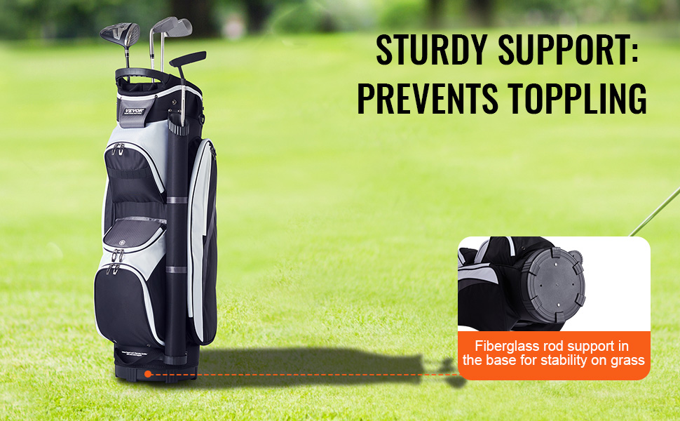 VEVOR golf cart bag with sturdy support prevents toppling, featuring fiberglass rod base for stability.