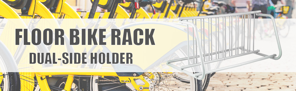 VEVOR bike rack dual-side holder with multiple yellow bikes secured in a row, outdoor scene.