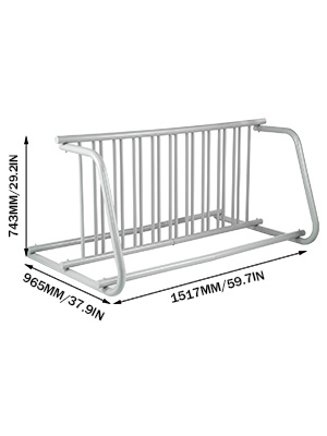outdoor VEVOR bike rack with dimensions: 743mm x 965mm x 1517mm, silver metal frame.