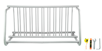 VEVOR bike rack, silver color with assembly tools including a wrench, screwdriver, and tape measure.