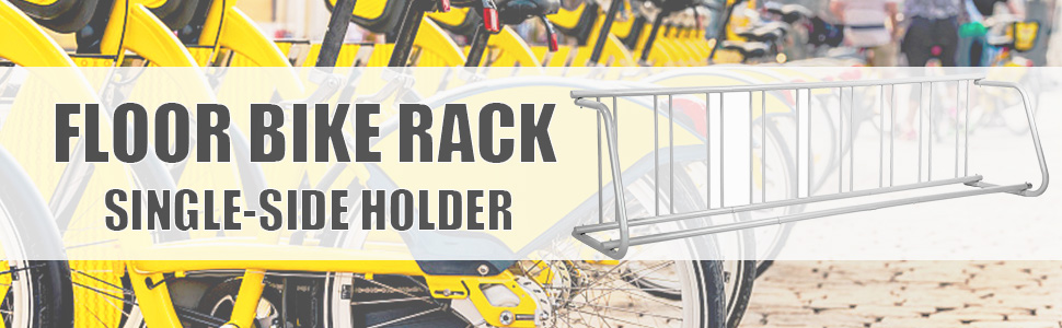 VEVOR bike rack: yellow bikes lined up on single-side floor holder.