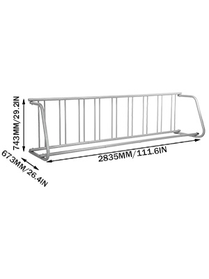 VEVOR bike rack, metal construction, 6 slots, 2835mm x 673mm x 743mm dimensions.