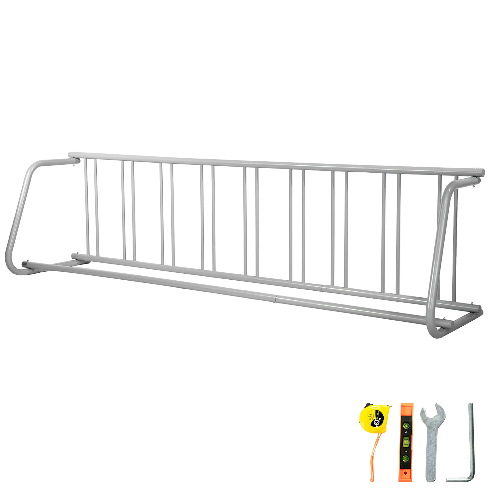 VEVOR bike rack with included tools: tape measure, level, wrench, and allen key.