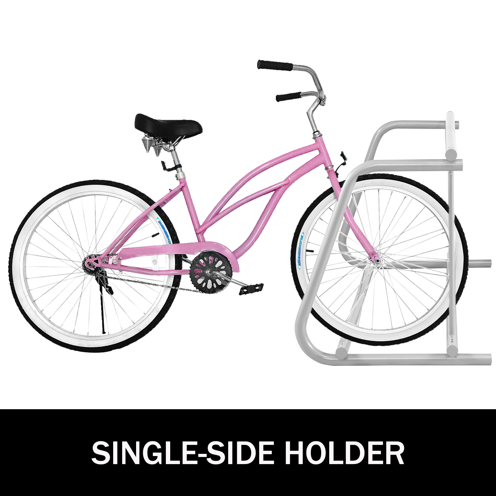 pink bicycle with a single-side VEVOR bike rack.