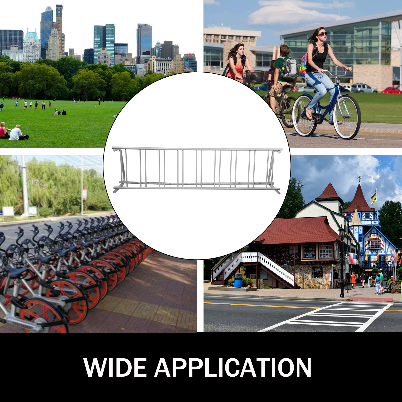 VEVOR bike rack in various urban and rural settings showcasing wide application.