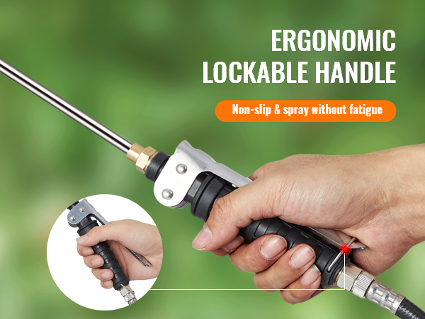VEVOR akumulatora darbināmā zāliena smidzinātāja ergonomisks, nofiksējams rokturis, kas nodrošina neslīdošu un nenogurdinošu lietošanu.