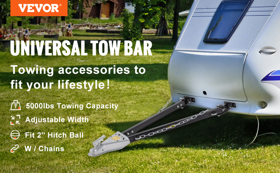 VEVOR tow bar with 5000lbs towing capacity, adjustable width, fit 2" hitch ball, and chains ons trailer.