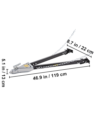 VEVOR tow bar, 46.9in long, black with chain, and small metal hitch, measured dimensions.