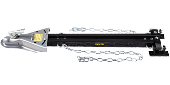 VEVOR tow bar, black with safety chains and a silver hitch, isolated on white background.