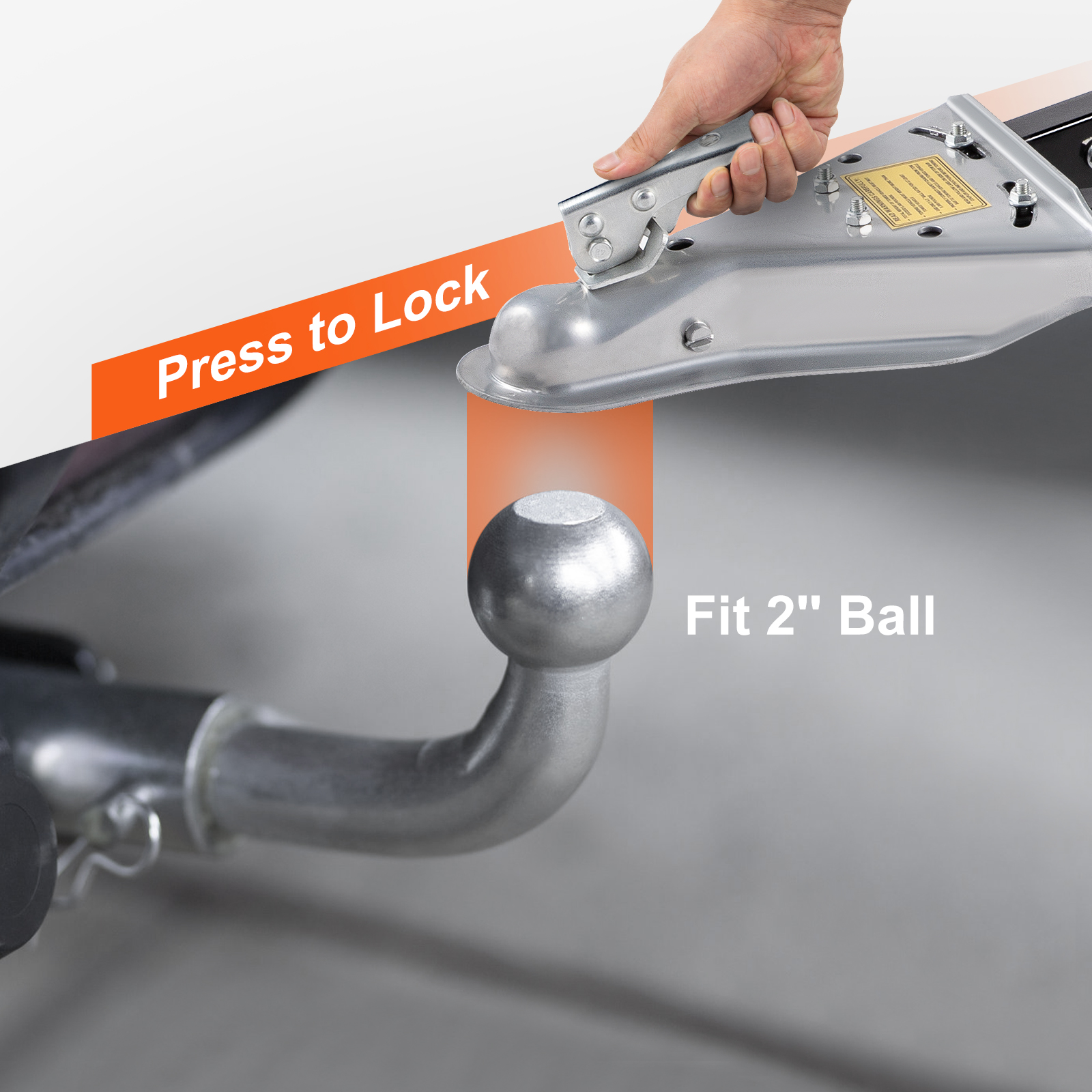 hand locking VEVOR tow bar onto a 2" hitch ball.