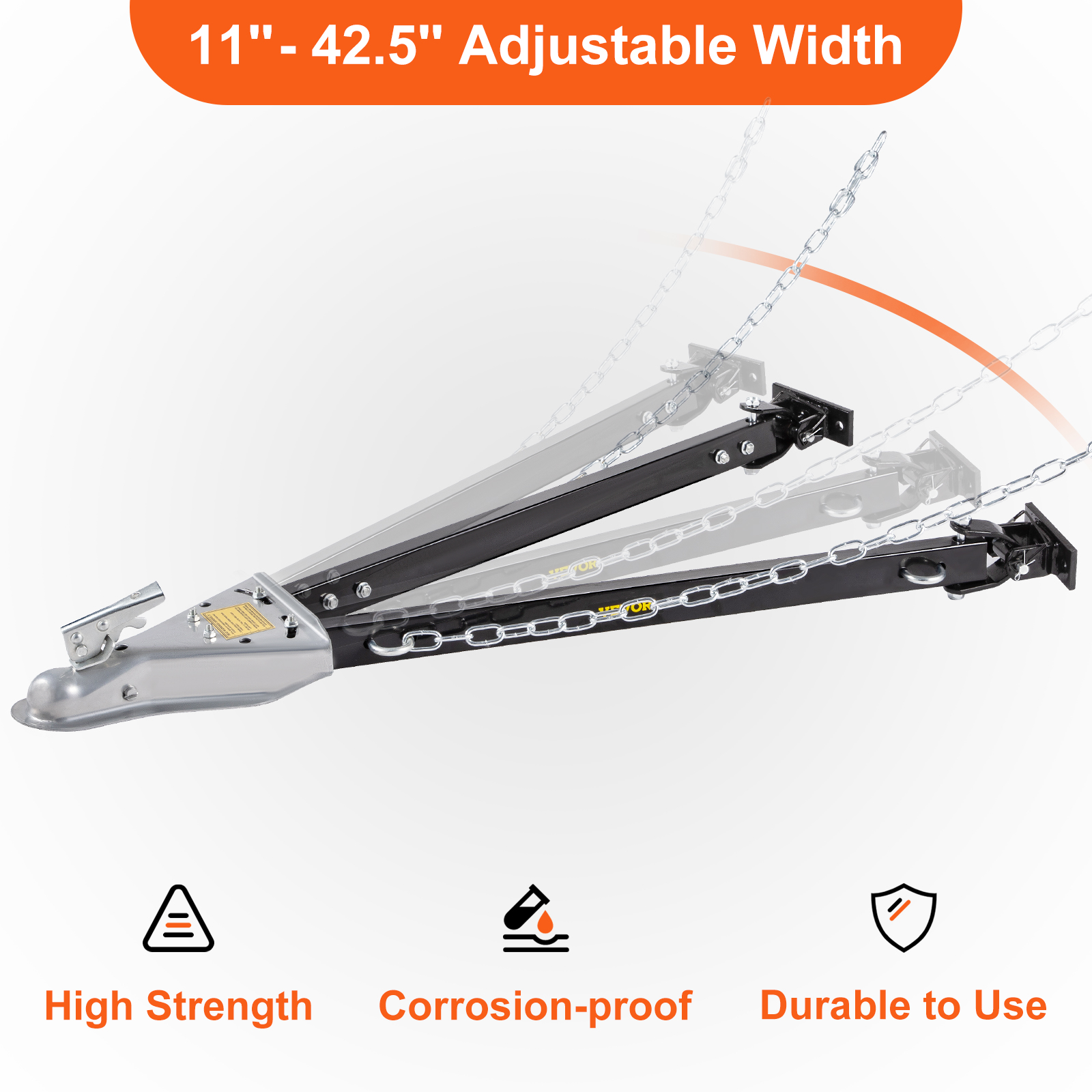 VEVOR tow bar with 11"-42.5" adjustable width, highlighting high strength, corrosion-proof, and durability.