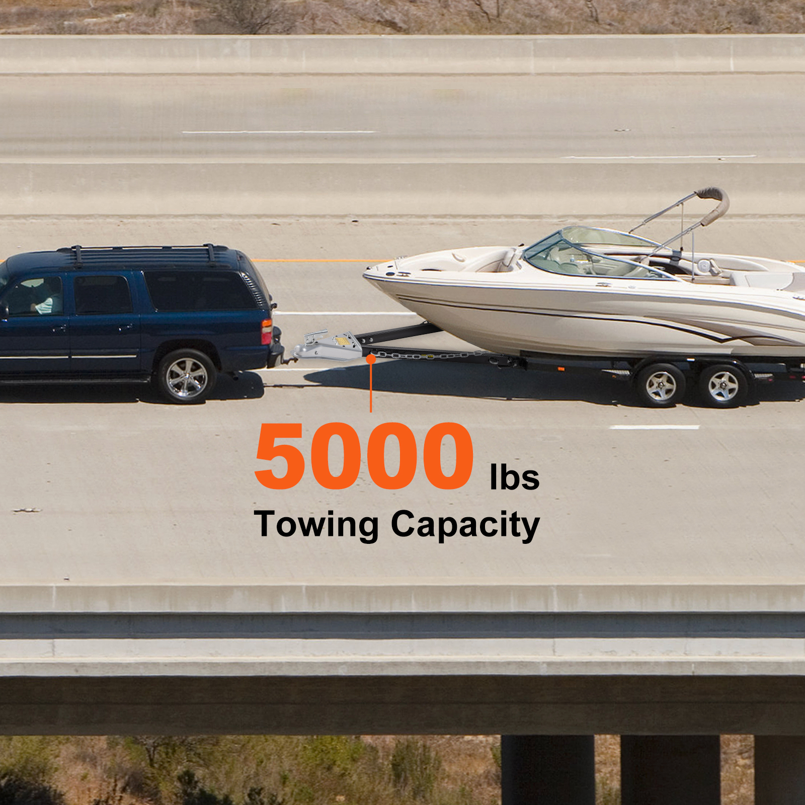 suv towing a boat on a trailer using a VEVOR tow bar with 5000 lbs towing capacity.