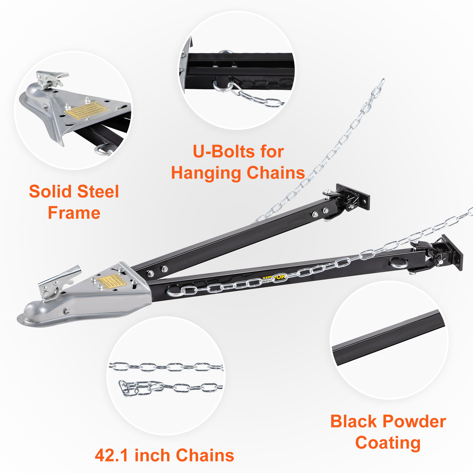 VEVOR tow bar with solid steel frame, black powder coating, 42.1-inch chains, and u-bolts for hanging chains.