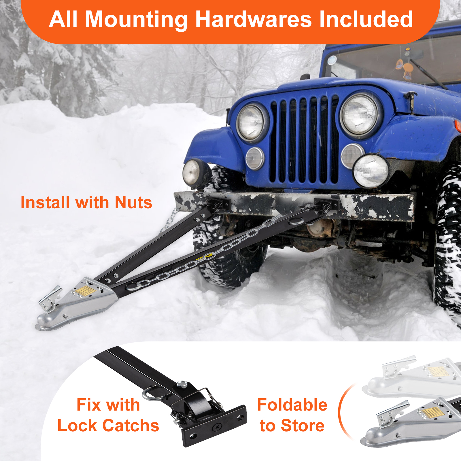 snow-covered jeep fitted with VEVOR tow bar, includes all mounting hardware, lock catches, foldable for storage.