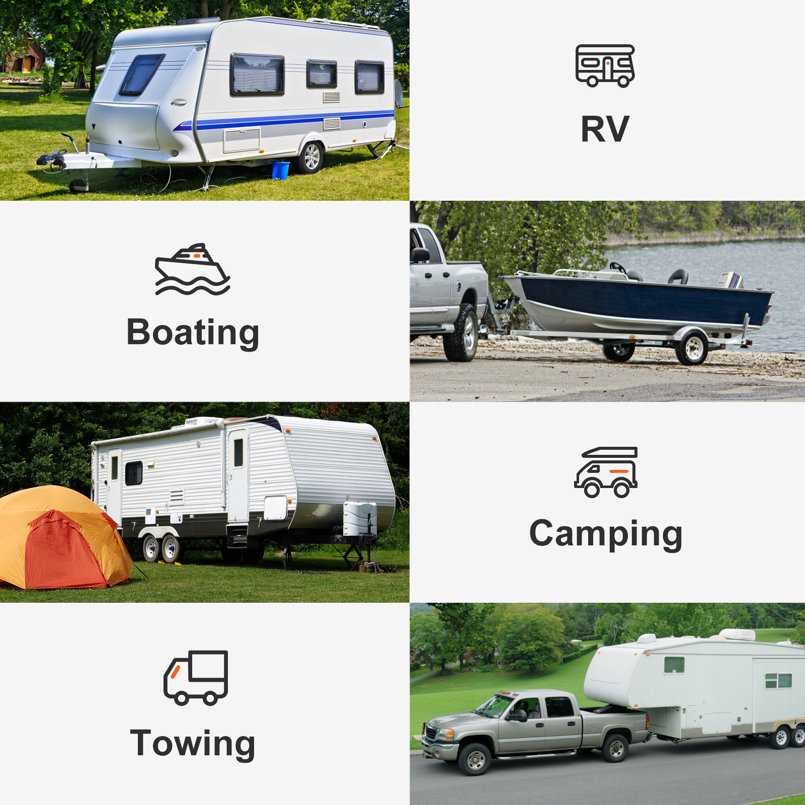 rv, boating, camping, towing scenes showcasing VEVOR tow bar for versatile transport solutions.
