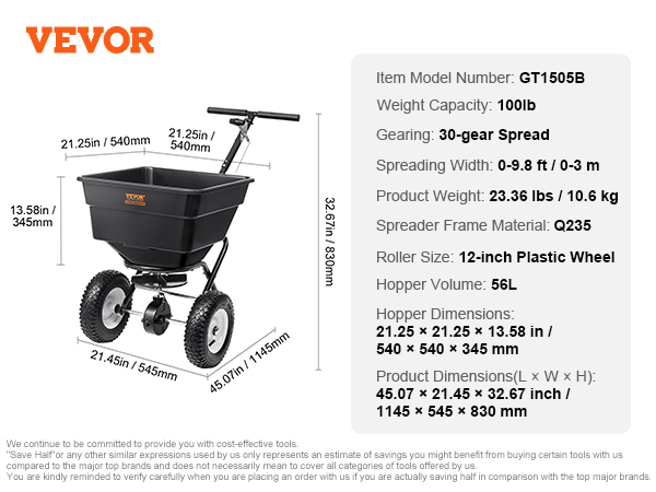 VEVOR broadcast spreader with measurements: 21.25x21.25x13.58 inches, 100lb capacity, 30-gear spread.