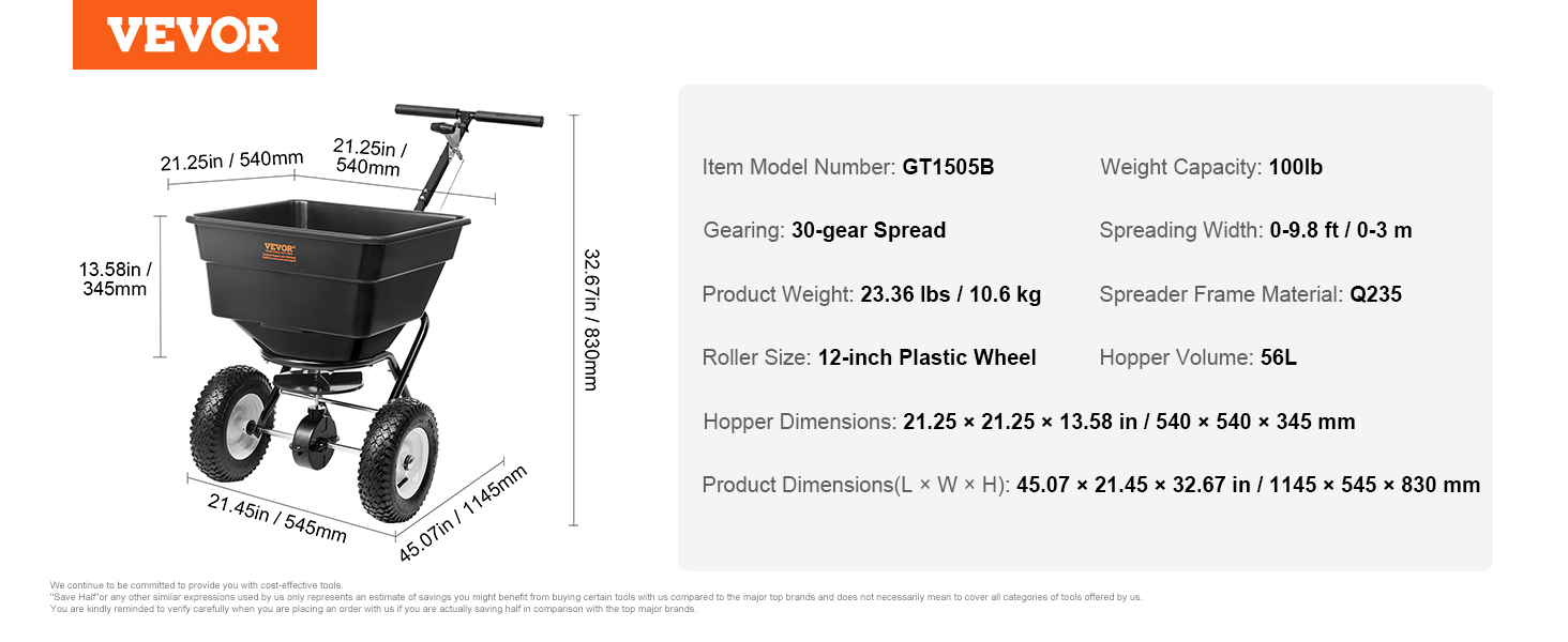 VEVOR broadcast spreader with measurements: 21.25x21.25x13.58 inches, 100lb capacity, 30-gear spread.