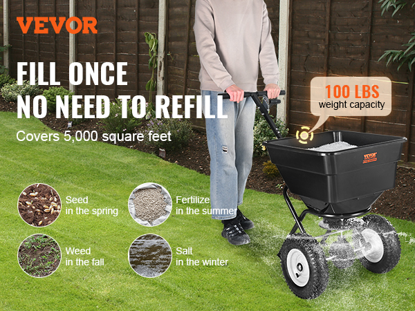 VEVOR broadcast spreader with 56l hopper capacity, covers 5,000 sq ft, 100 lbs weight capacity.